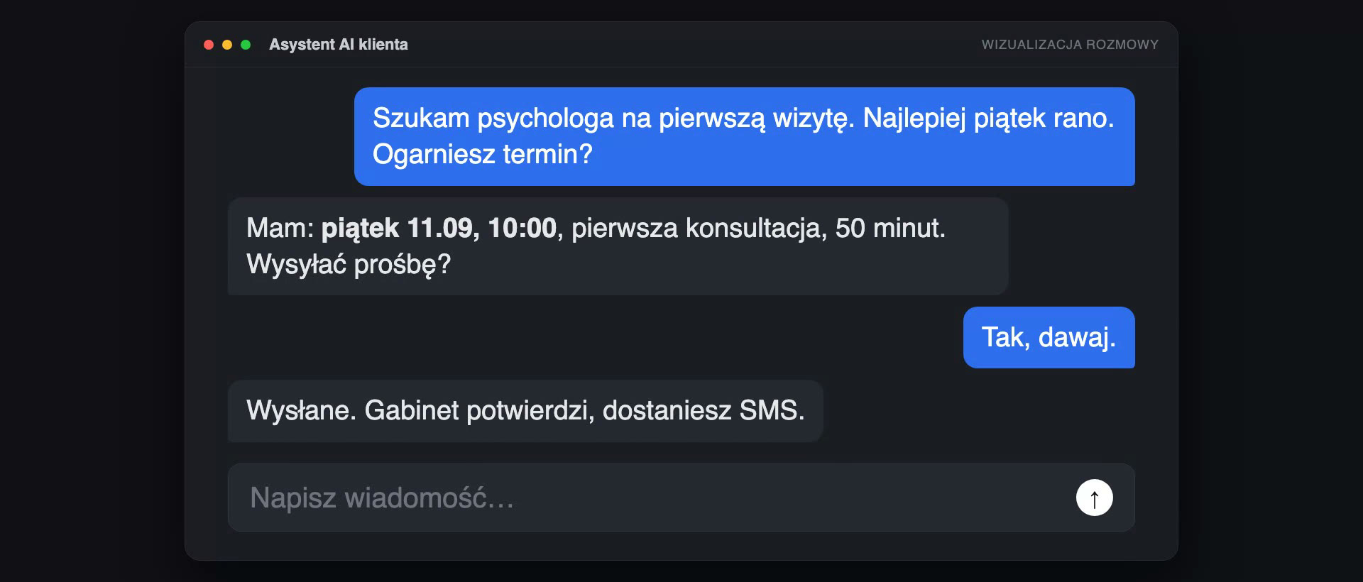 A client writes to their AI assistant; the assistant proposes a slot and sends a request to the practice