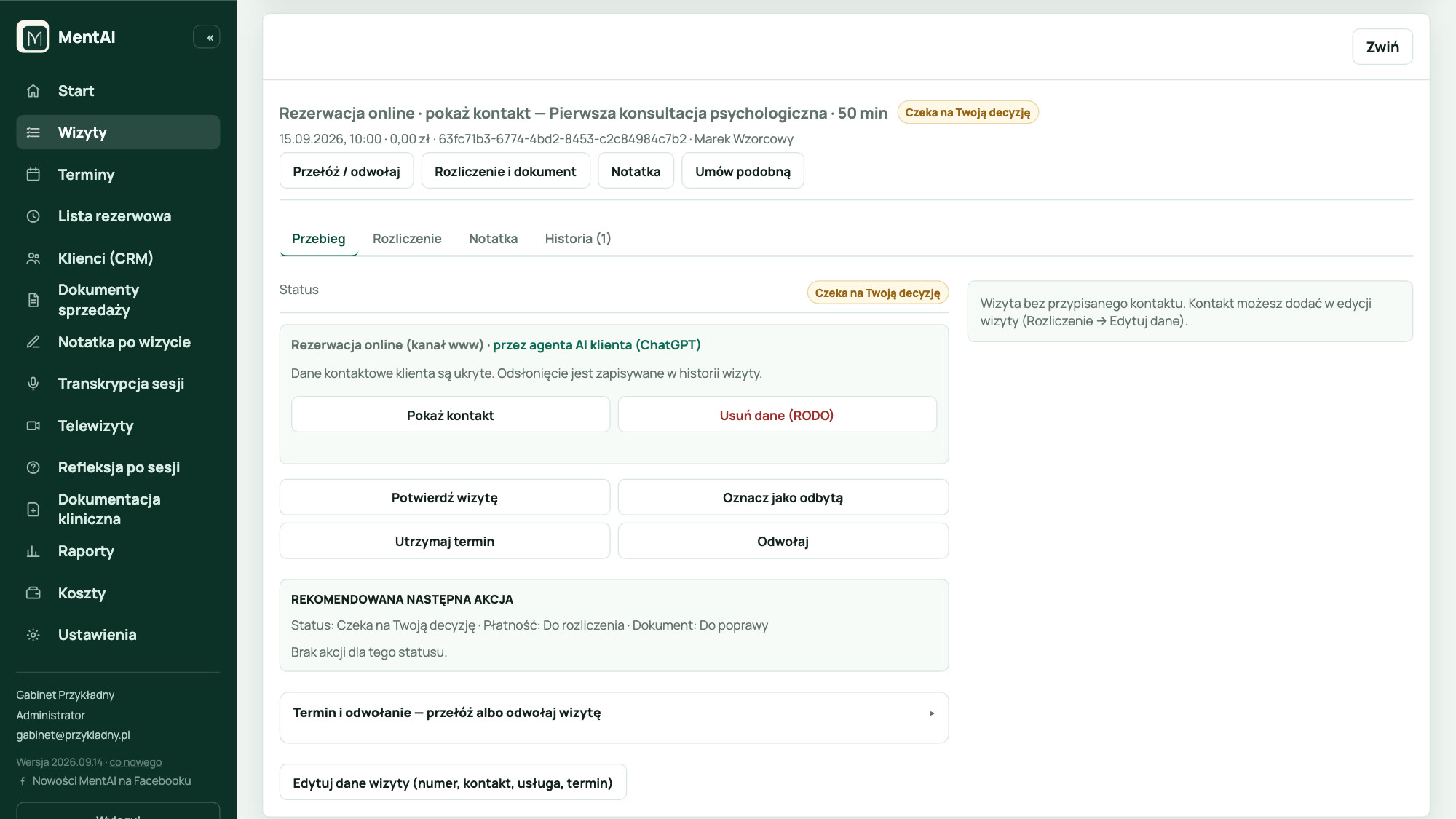 Appointment details in MentAI labelled: online booking via the client's AI agent (ChatGPT)