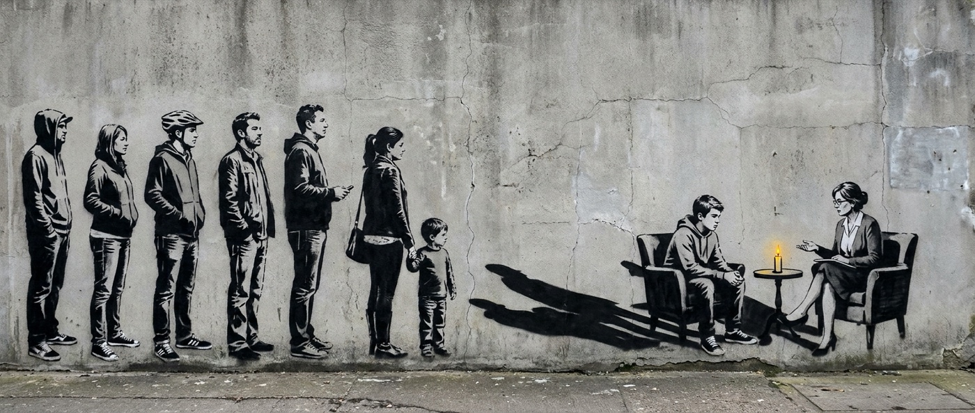Stencil-style mural on a concrete wall: a queue of eight people in everyday clothes is waiting, and their shadow on the wall shows two people sitting in armchairs in conversation, a client in a hoodie and a therapist with a notebook, with a small table and a candle between them