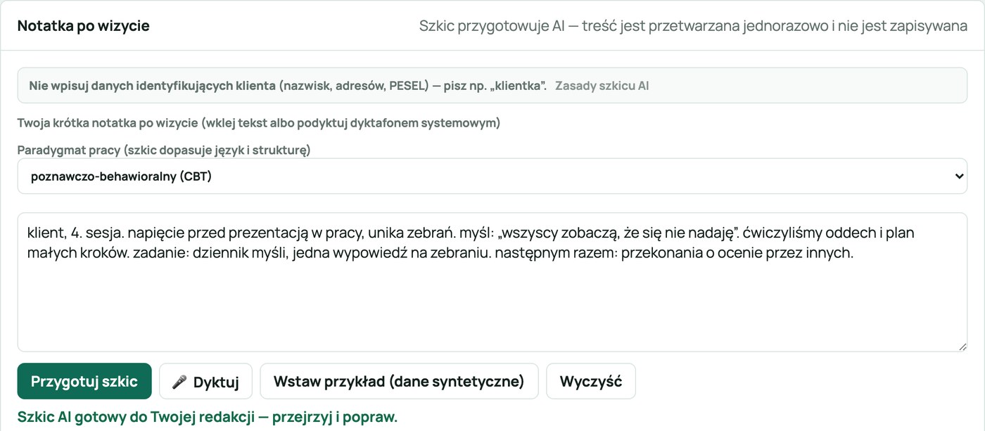 Ekran panelu MentAI: notatka po wizycie z wybranym paradygmatem pracy poznawczo-behawioralnym, ostrzeżeniem o danych identyfikujących i przyciskiem Przygotuj szkic