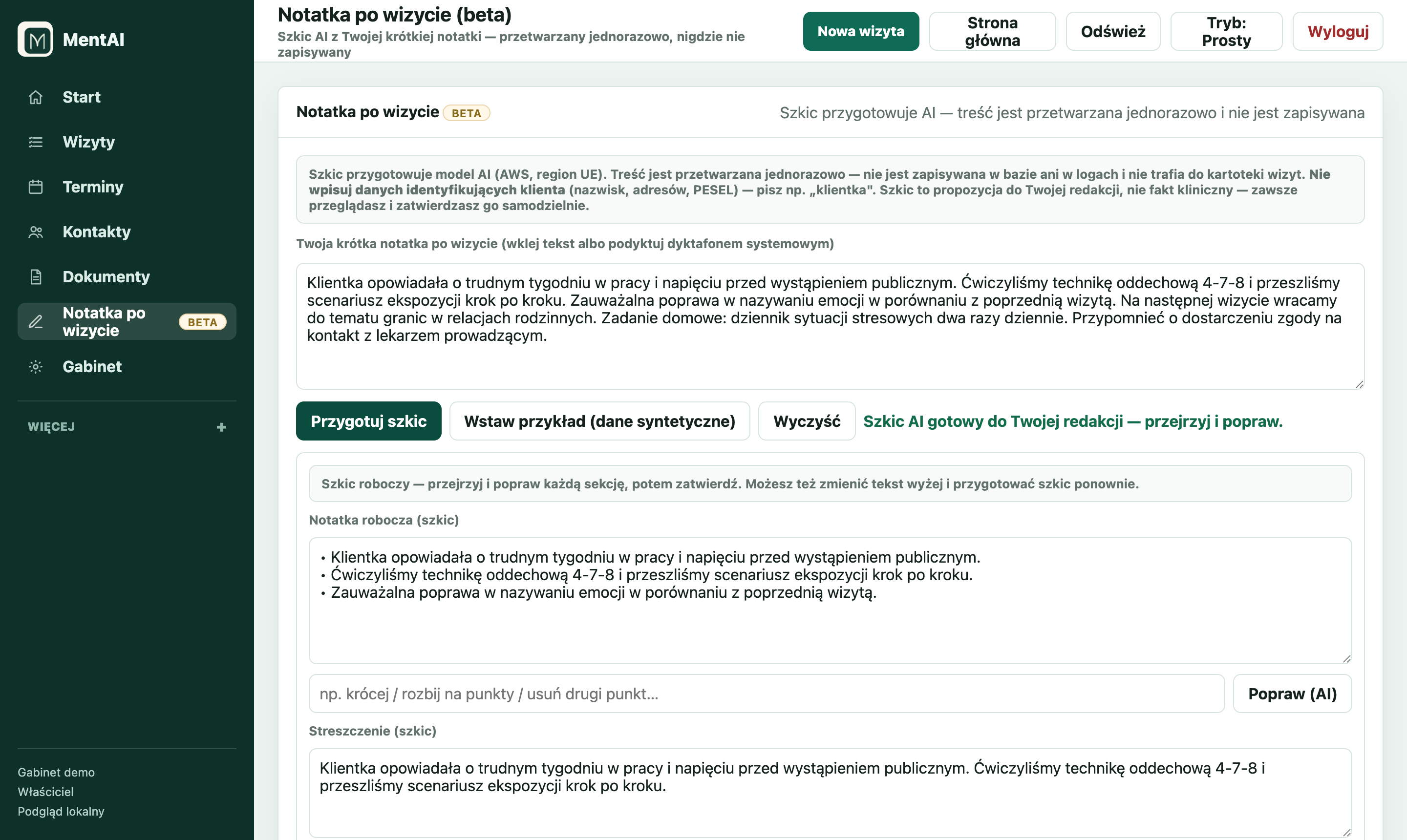 Panel de MentAI — borrador de la nota tras la cita preparado por la IA, con secciones para editar y aprobar
